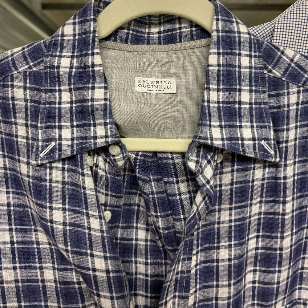 Brunello Cucinelli Blue Plaid Linen Shirt